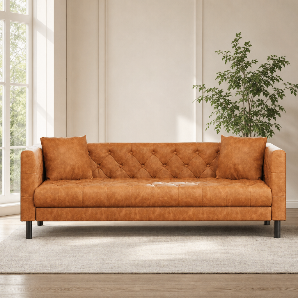 Cognac tan Chesterfield-style three-seat faux leather sofa front view in a bright room with a potted plant