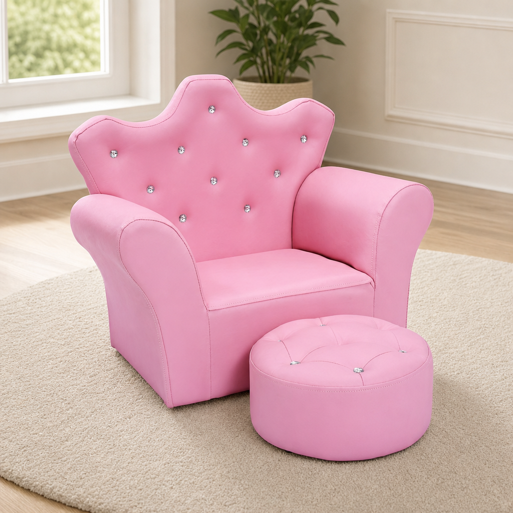 Princess Toddler Chair & Ottoman, Crystal-Studded (Pink/White) centered in a warm neutral furnished room