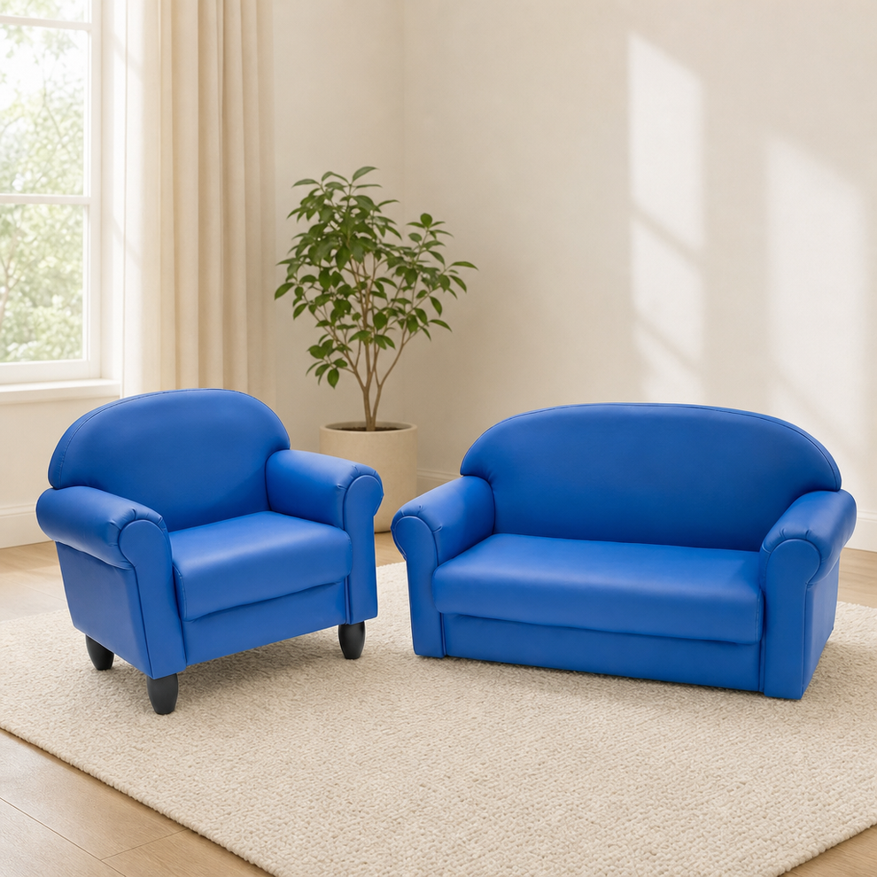 As We Grow 2-Piece Kids Chair & Sofa Set — Adjustable Height centered in a warm neutral furnished room