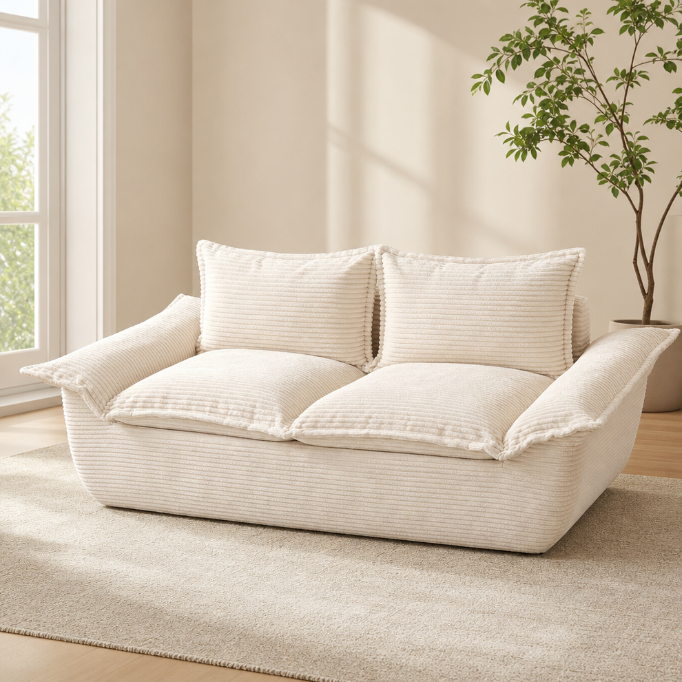 Beige corduroy 2-seater sofa front angled view in a sunlit living room