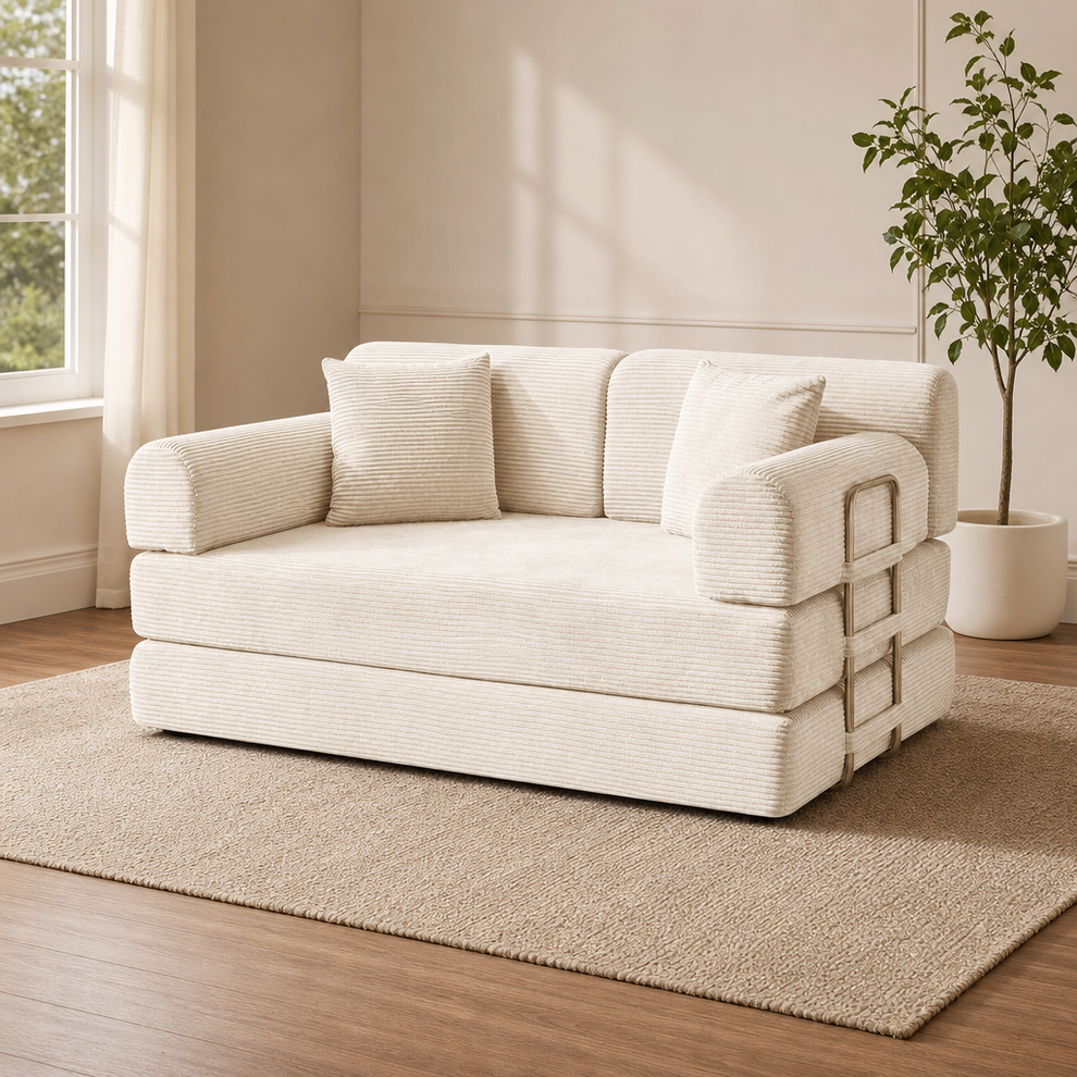 Beige corduroy-texture convertible loveseat shown angled front in a bright living room setting