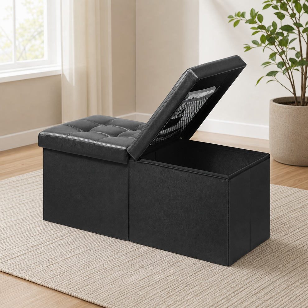 34in Leather Folding Storage Ottoman Bench with Padded Seat centered in a warm neutral furnished room