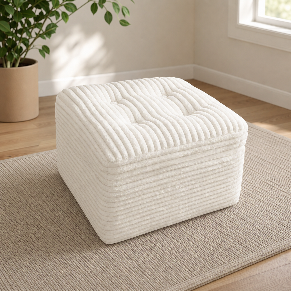 Cream corduroy square pouf ottoman angled front view on a neutral rug near a potted plant