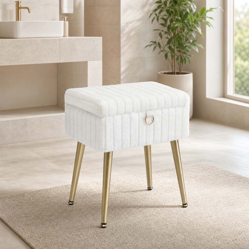 SONGMICS Short-Pile Plush Vanity Stool with Storage, 11.8"D x 15.7"W x 19.7"H centered in a warm neutral furnished room