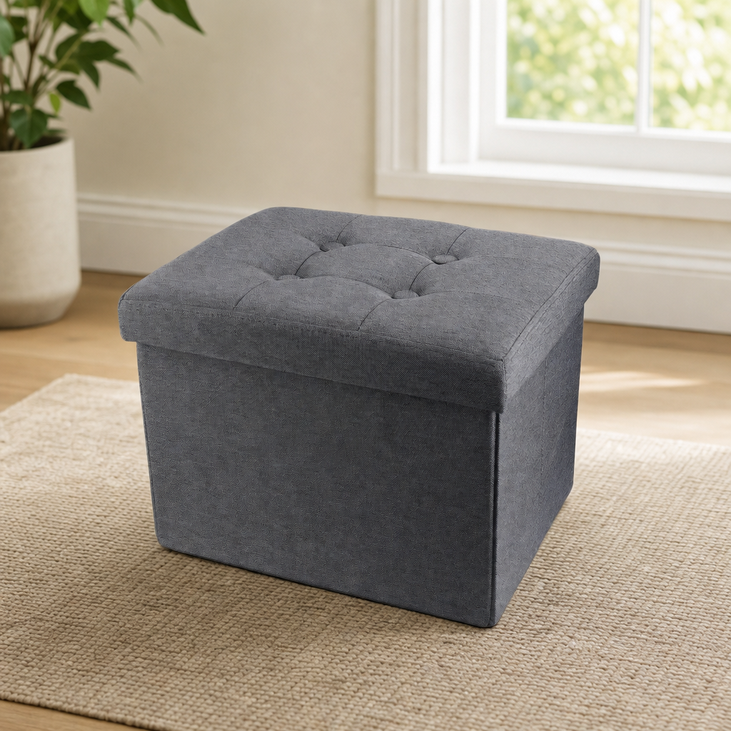 Storage Ottoman — Tufted Removable Lid, Foldable Grey 17 x 13 x 13 in centered in a warm neutral furnished room