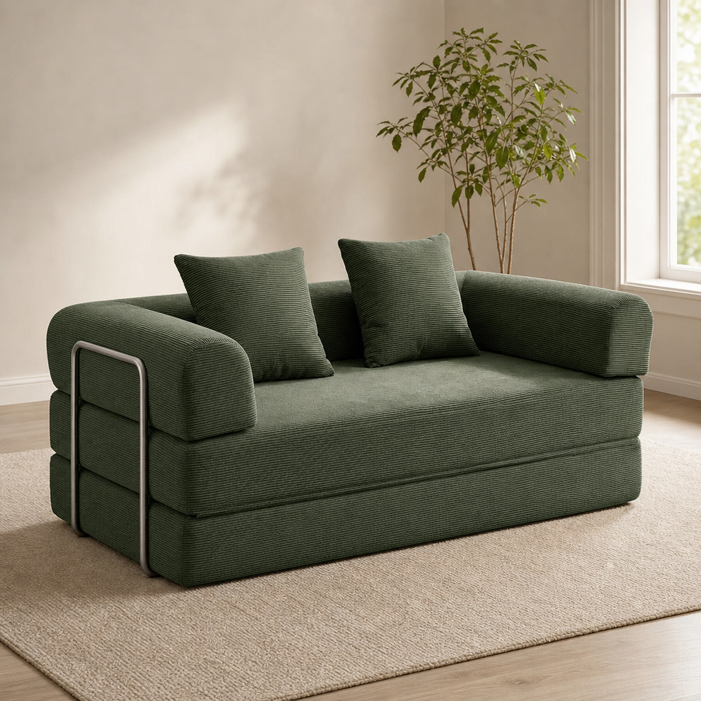 Green corduroy 2-seat futon sofa angled front view with two square throw pillows on a beige rug