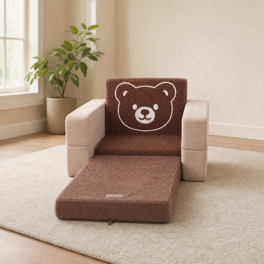3-in-1 Toddler Sofa Bed - Bear Backrest, Portable Foam Couch (Medium, Large) centered in a warm neutral furnished room