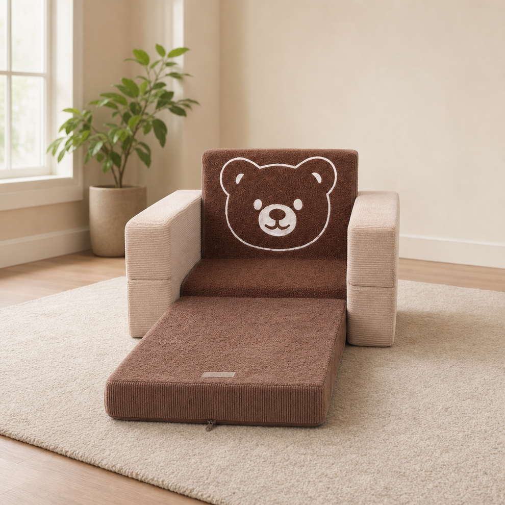 3-in-1 Toddler Sofa Bed - Bear Backrest, Portable Foam Couch (Medium, Large) centered in a warm neutral furnished room