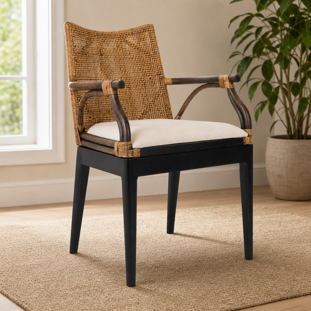 Natural rattan arm chair with black mahogany base and beige cushion angled front-left in a sunlit room