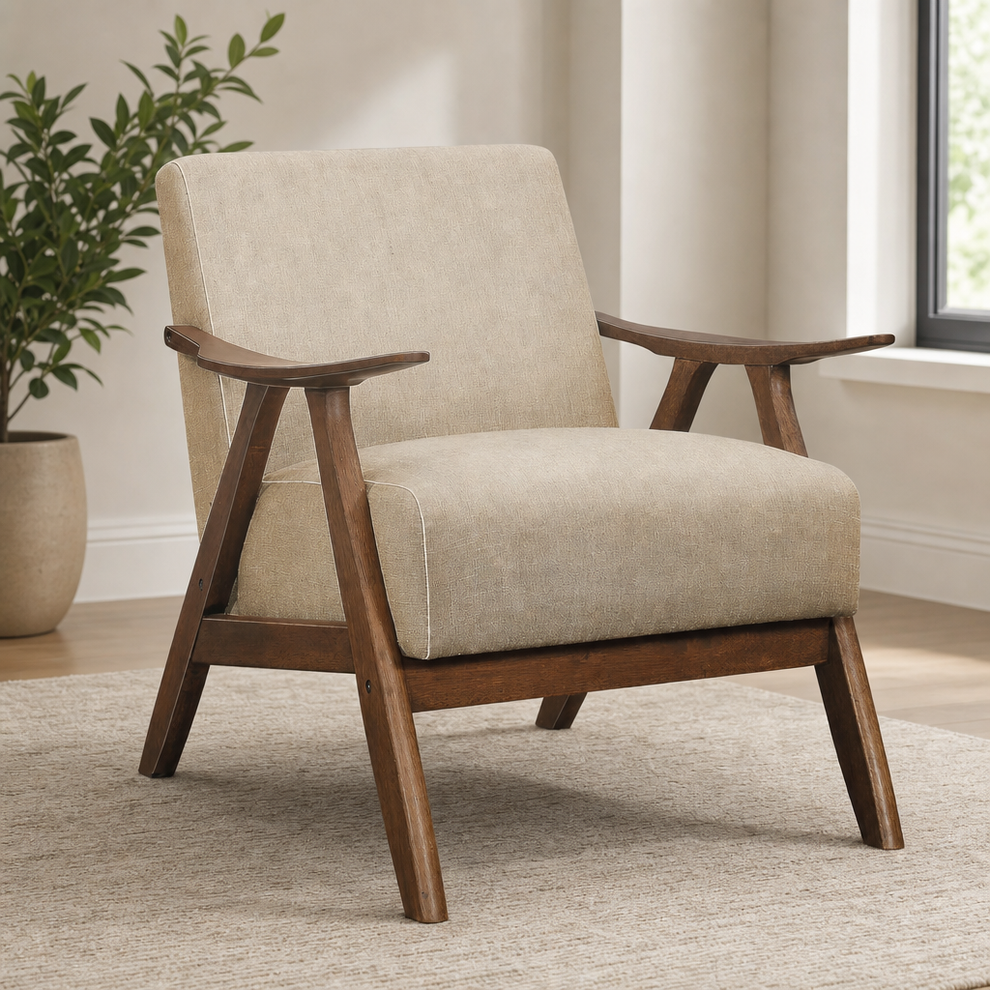 Beige linen-look upholstered accent chair with walnut wood frame, angled front-left view in a living room setting.