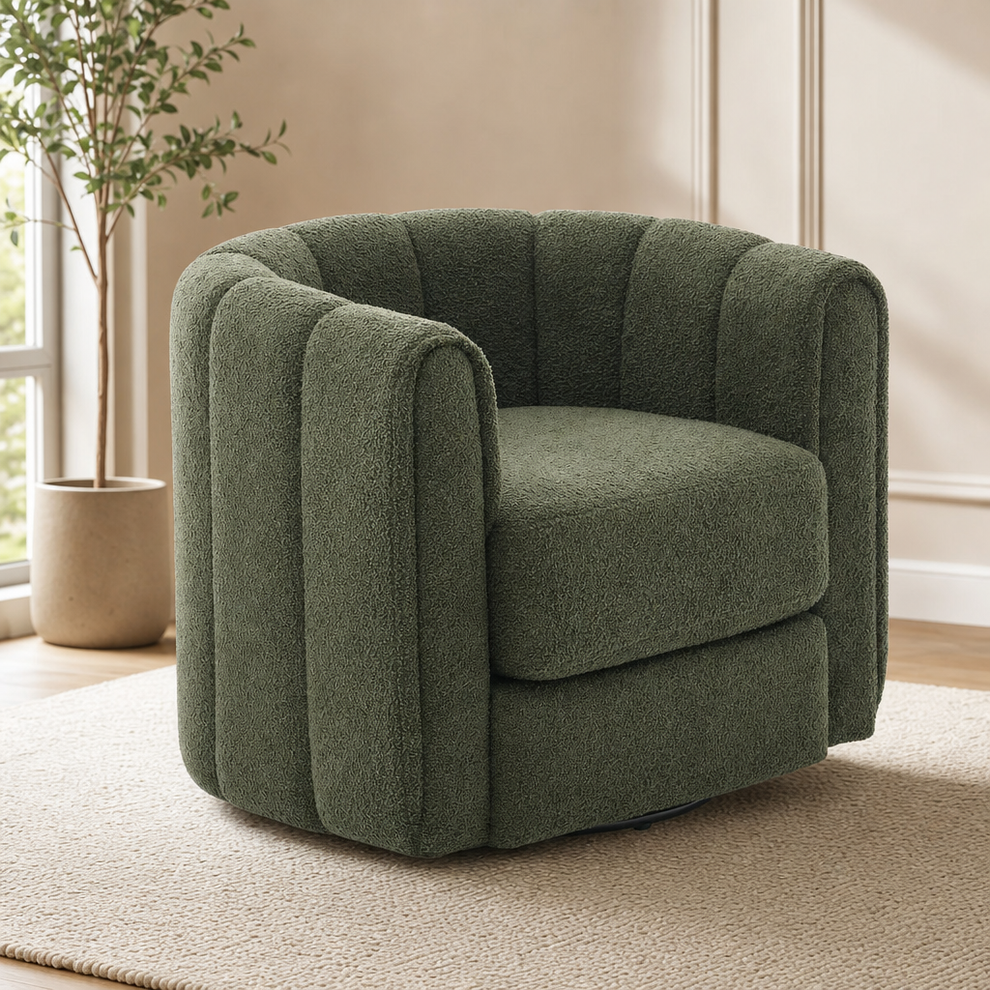Teddy Fleece 360° Swivel Barrel Accent Chair centered in a warm neutral furnished room