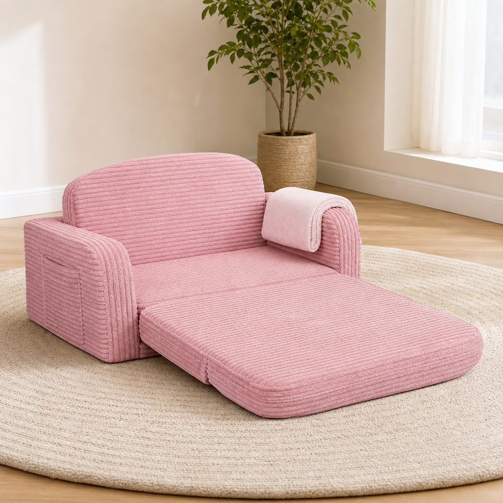 2‑in‑1 Convertible Toddler Fold-Out Sofa — Corduroy Cover, Pocket & Blanket centered in a warm neutral furnished room