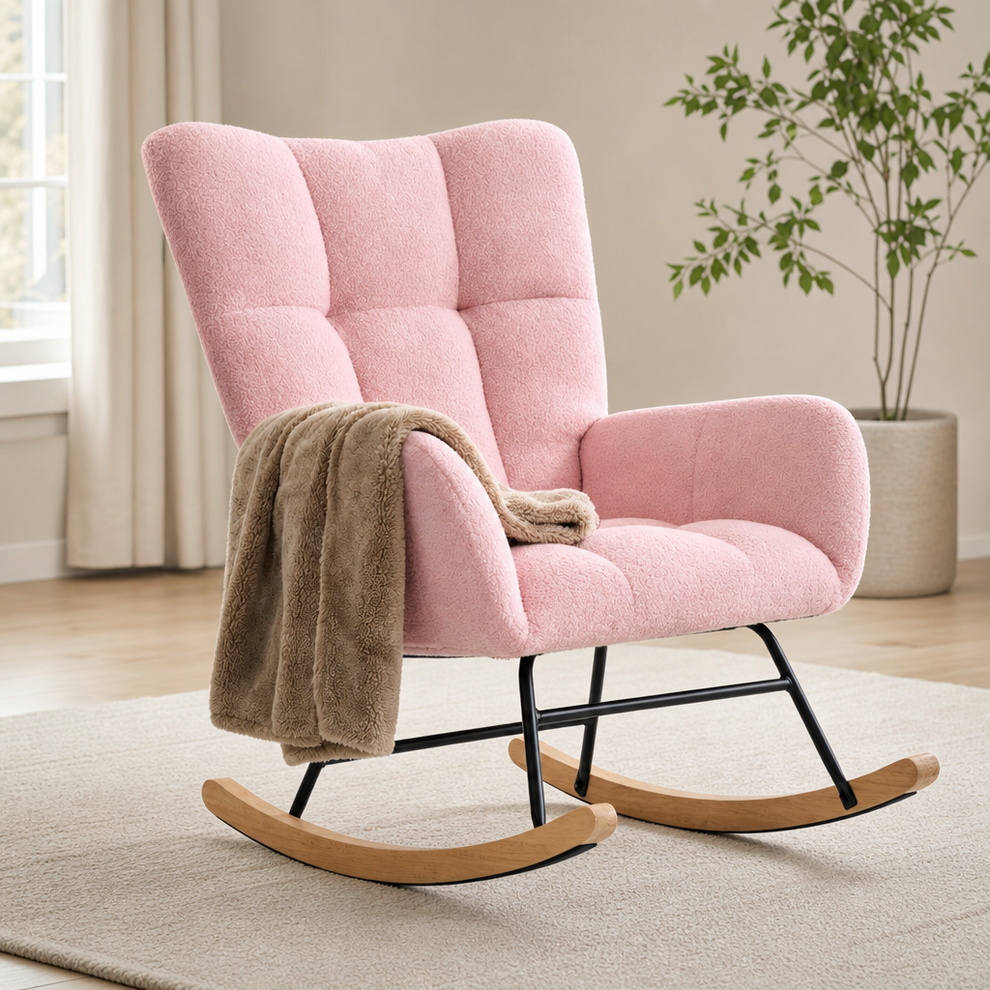 Teddy Upholstered Glider Chair centered in a warm neutral furnished room
