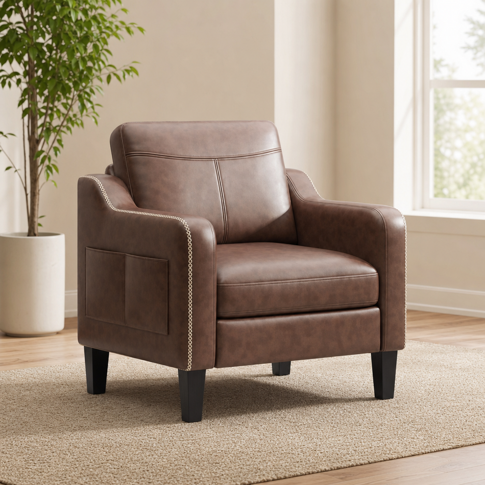 Chocolate brown PU leather accent chair angled front view on a rug beside a potted plant in a bright room