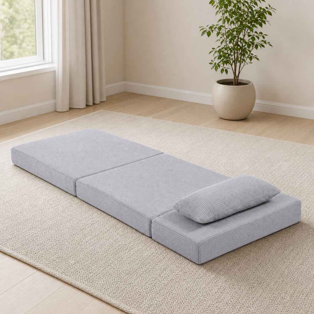 Kids Folding Floor Mattress Sofa - 63"D x 26"W x 5"H, Washable Cover centered in a warm neutral furnished room
