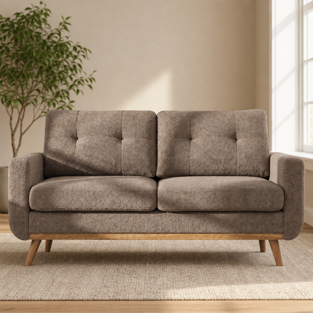 Camel tufted loveseat futon front view with solid wood legs in a bright living room