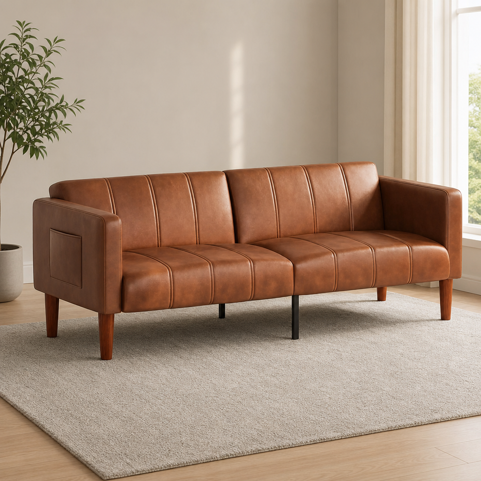 Brown PU faux leather futon sofa bed angled front view on a light rug in a bright living room