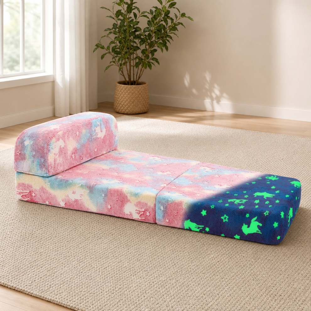 Kids Folding Sofa Bed with Removable Washable Cover — Convertible 4‑in‑1 Toddler C centered in a warm neutral furnished room