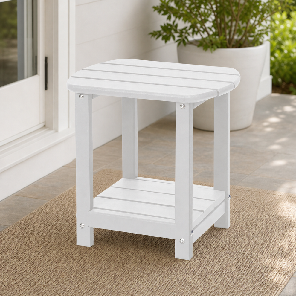 Adirondack Side Table HDPE 2-Tier Outdoor End Table, 16.1"D x 12.9"W x 16.7"H centered in a warm neutral furnished room