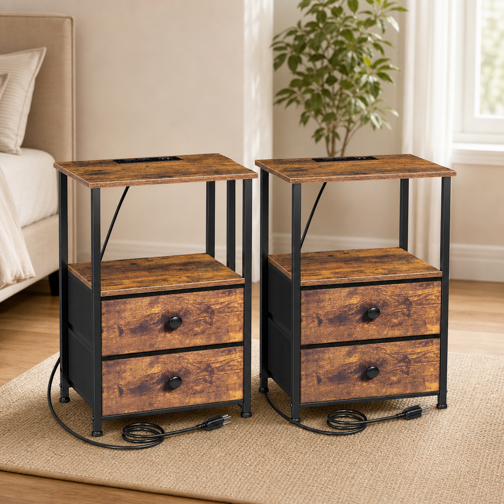 Nightstand Set of 2 with Charging Station, 2-Drawer Rustic Brown centered in a warm neutral furnished room