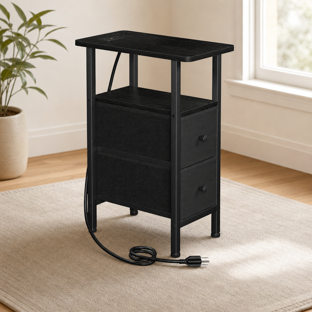 Black narrow side table with two fabric drawers angled front view showing coiled power cord on a rug