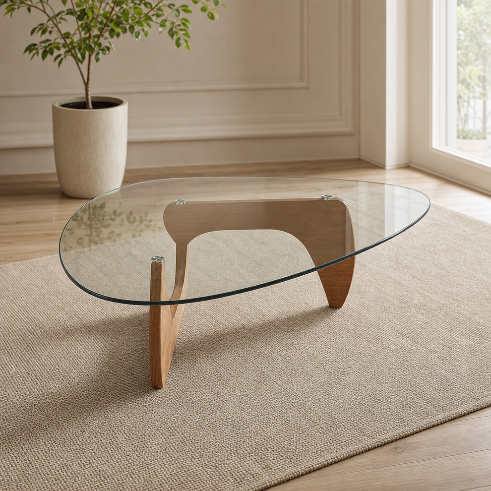 Triangle glass coffee table with natural wood MDF legs, angled front view on a neutral rug