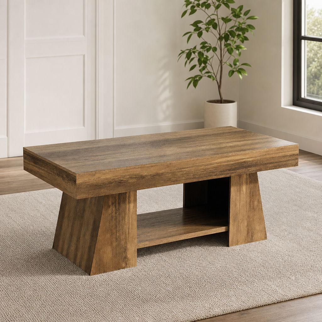 Rustic brown rectangular coffee table angled front view on a neutral rug with potted plant nearby