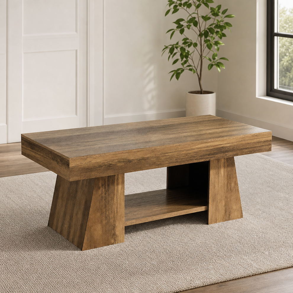 Rustic brown rectangular coffee table angled front view on a neutral rug with potted plant nearby