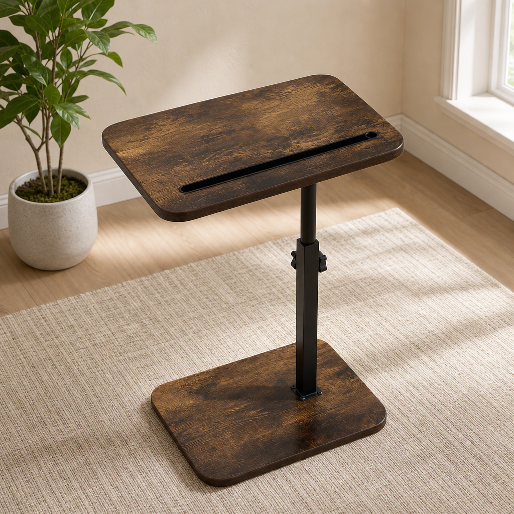Rustic brown C-shaped side table angled front view showing rectangular top slot and wide base on a rug