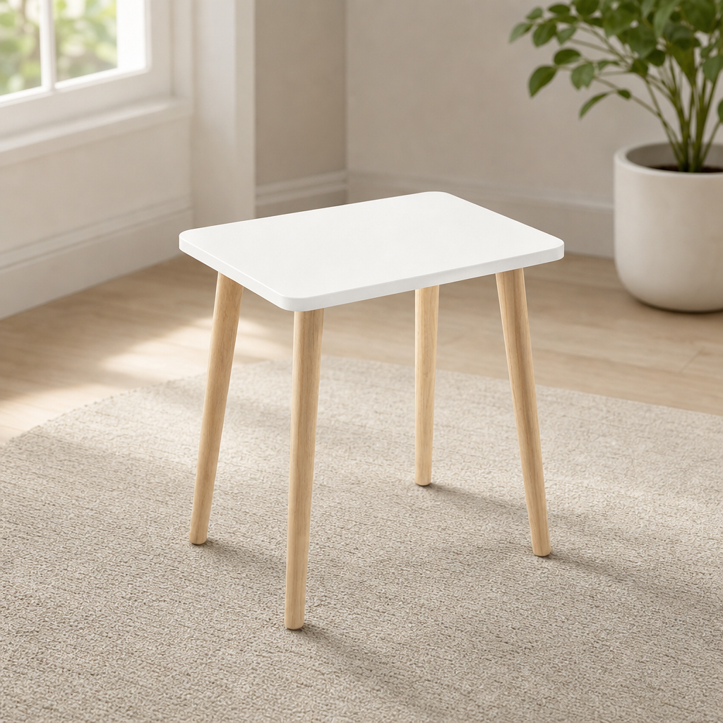 White square side table with natural tapered wood legs, front three-quarter view on a textured rug