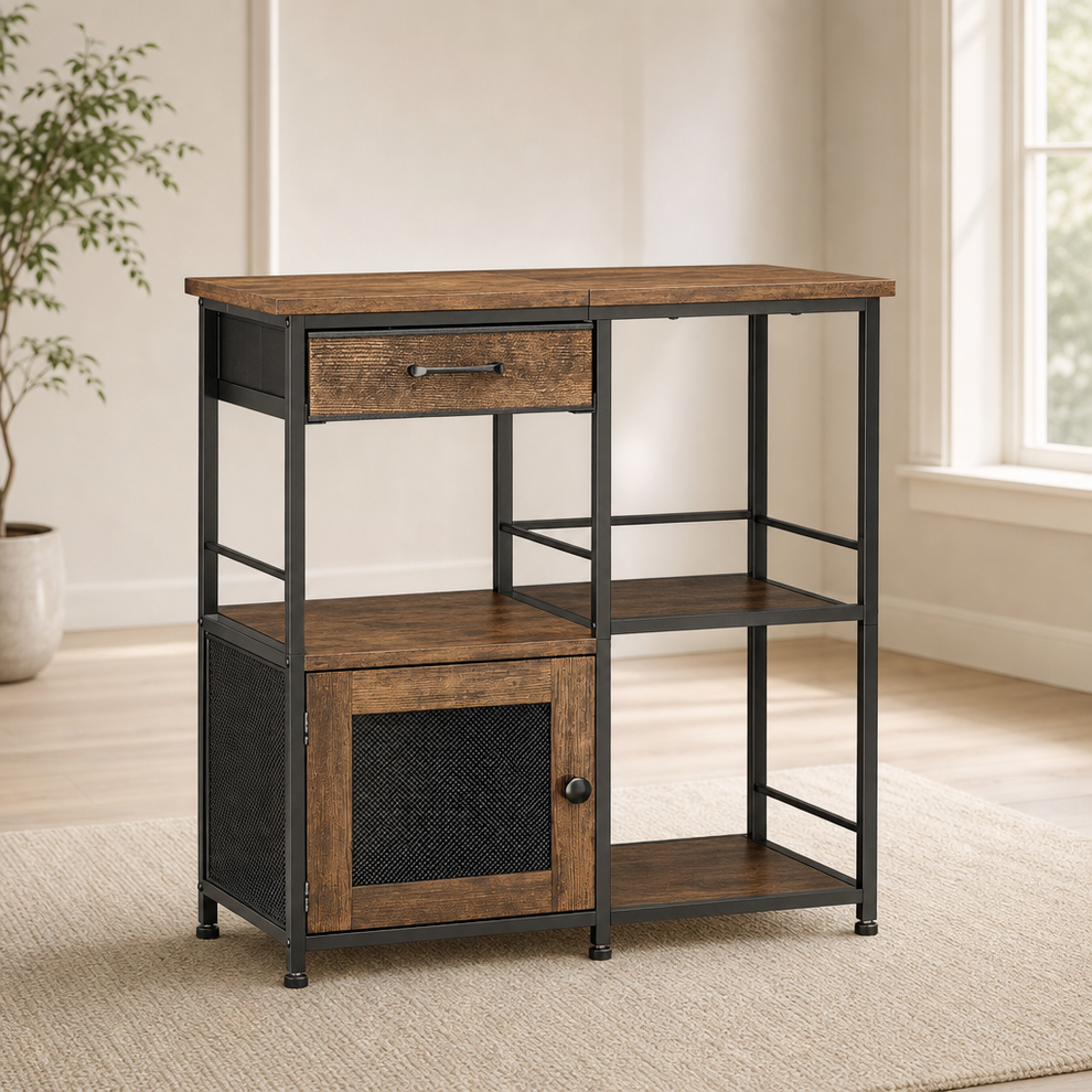 Espresso iron-frame coffee bar with wood top, drawer and mesh-door shown angled front view on a rug