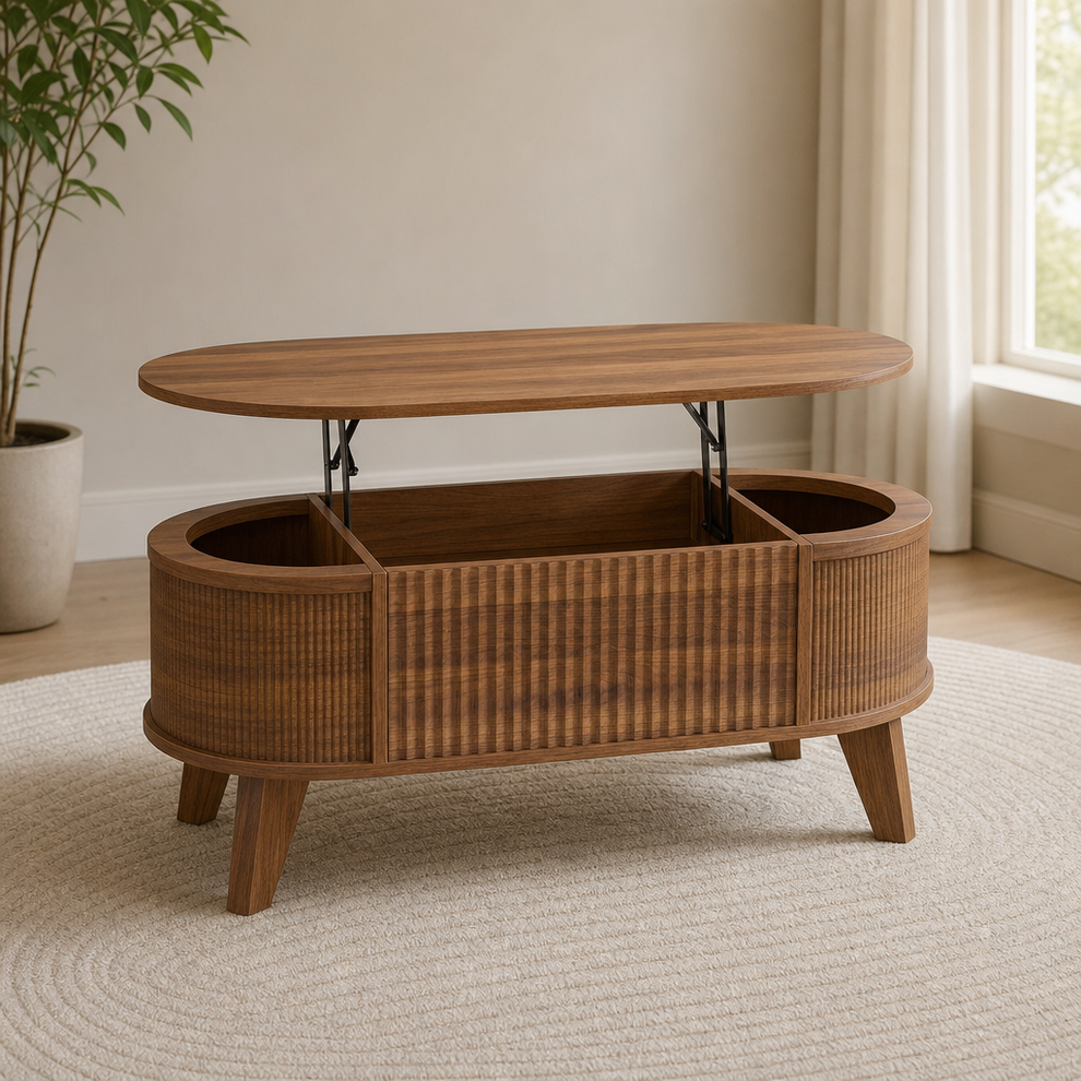 Walnut oval lift-top coffee table with fluted panels and open hidden compartment, angled front view