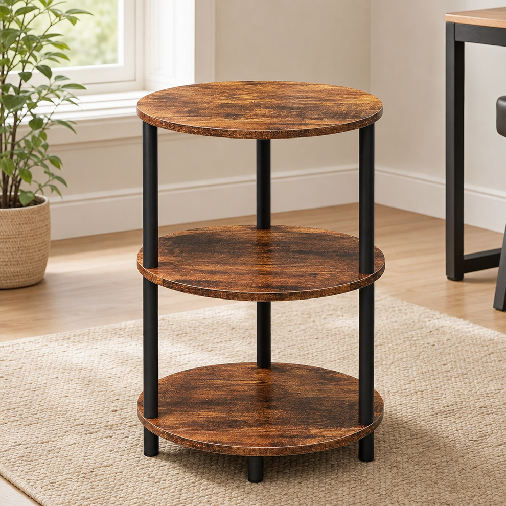 Round three-tier end table in rustic brown finish with black metal legs, front view beside a window on a light rug