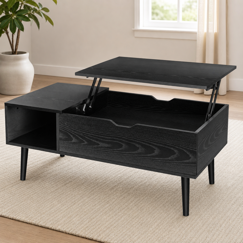 Lift-Top Coffee Table with Wood-Grain Top, Hidden Storage and Side Shelves centered in a warm neutral furnished room