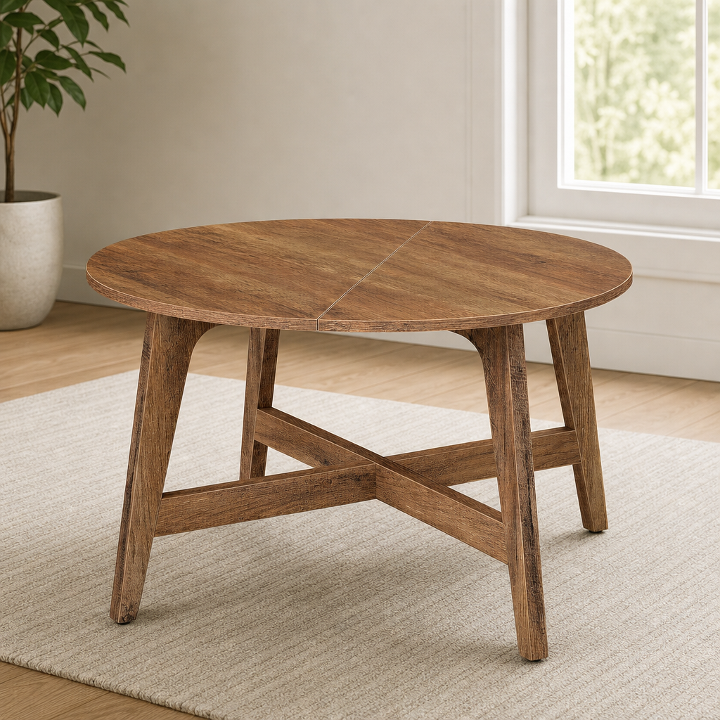 Honey brown round coffee table with tapered legs, angled front view on a light rug near a window
