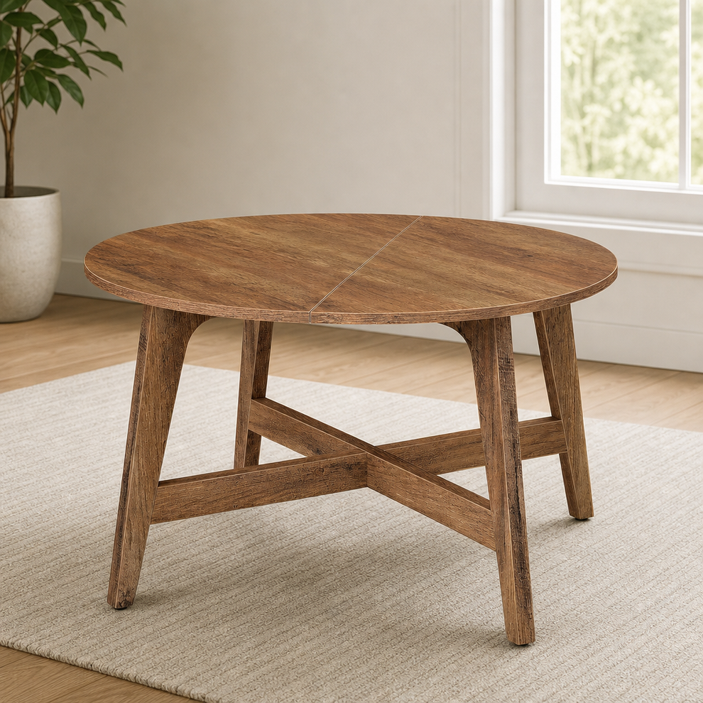 Honey brown round coffee table with tapered legs, angled front view on a light rug near a window