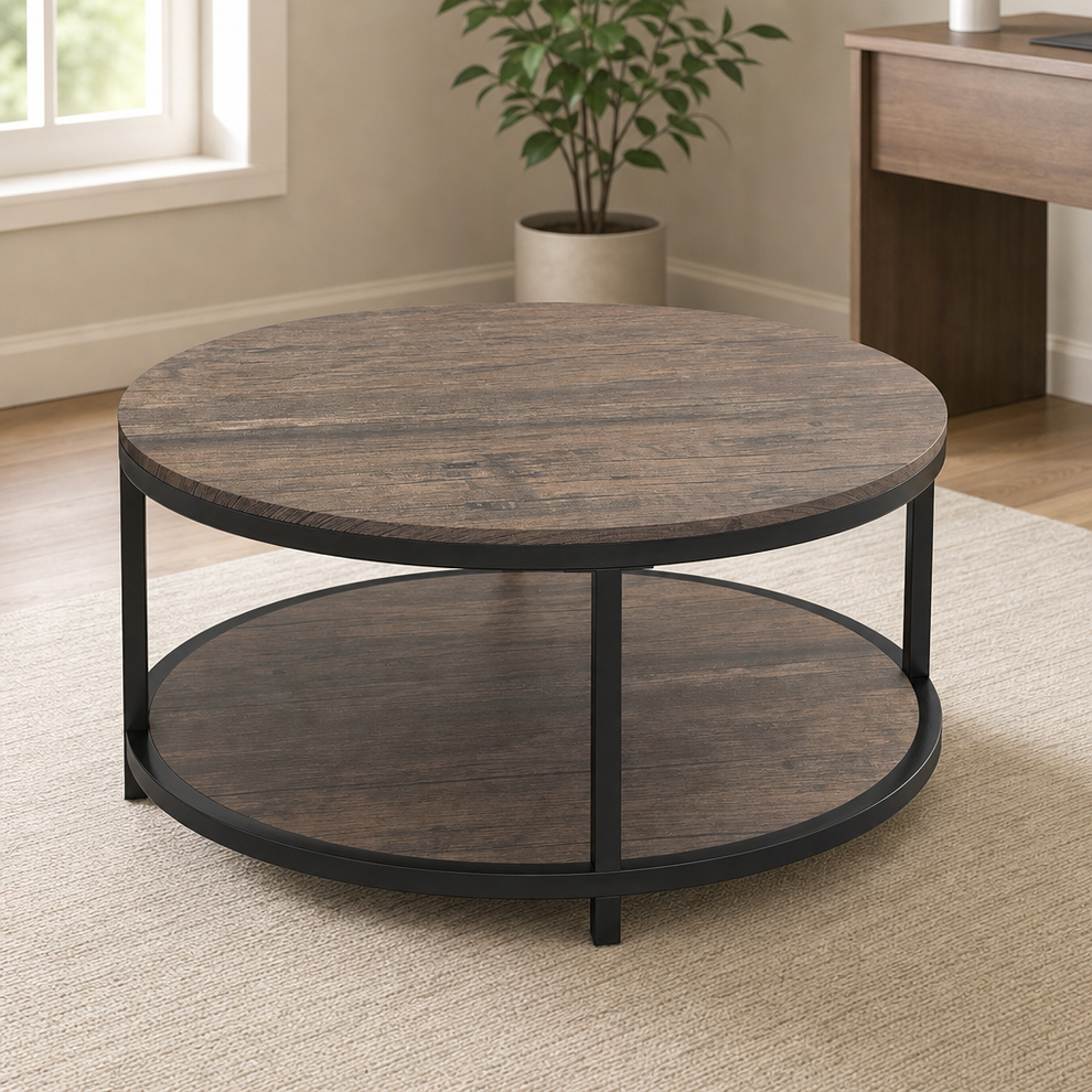Round two-tier coffee table with wood-grain top and metal frame, angled front view in a living room setting.