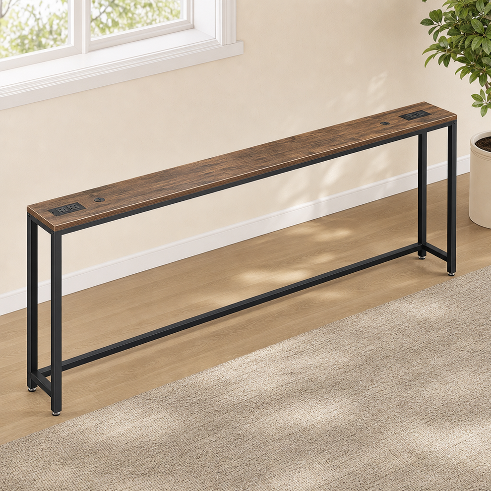 Long narrow console table with rustic brown top and black metal legs, angled front view near a window