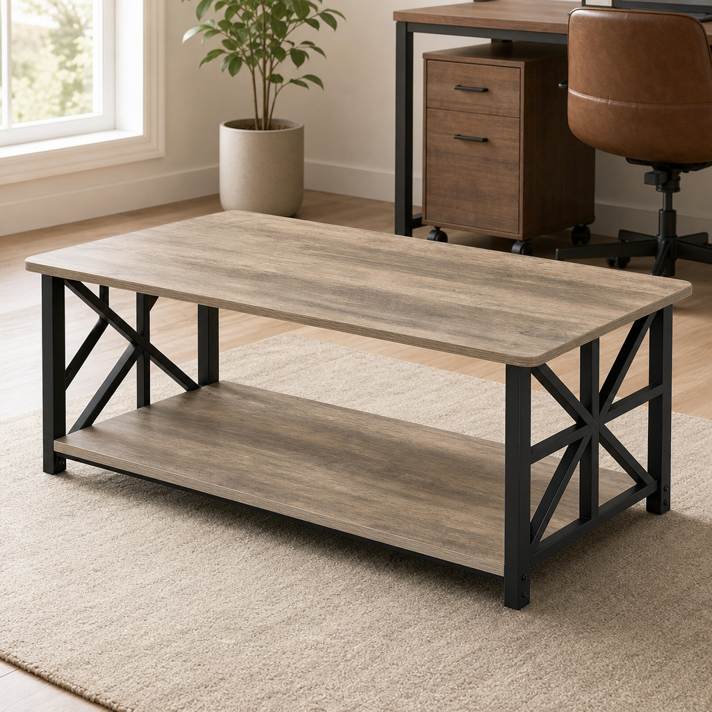 Rectangular farmhouse coffee table in oak-tone wood finish with black X-frame metal legs, angled front view on a neutral rug.