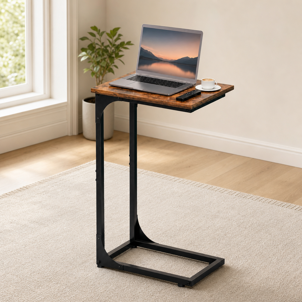 Rustic brown tabletop C-shaped end table with black steel frame angled front view on a rug near a window