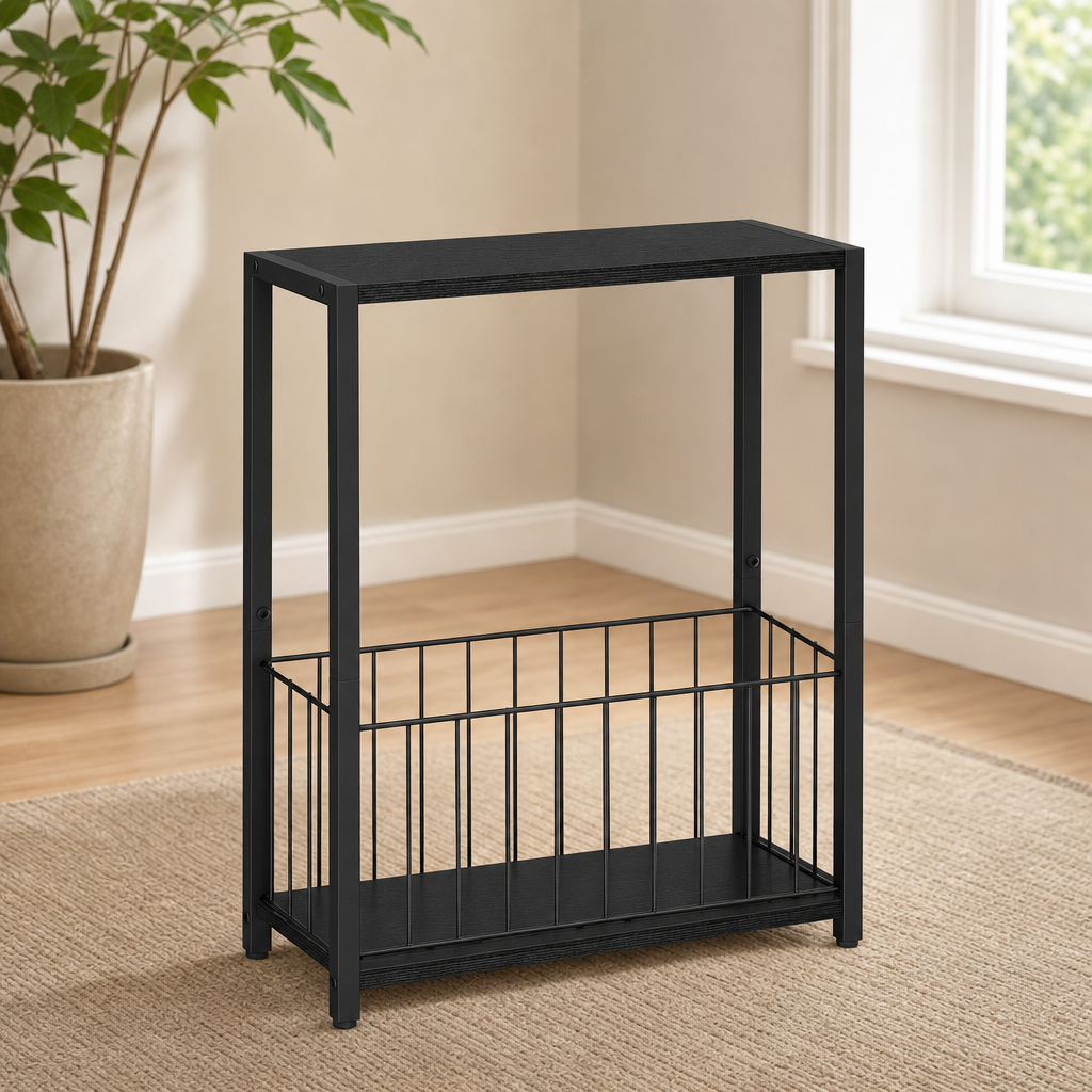 Black 2-tier narrow side table with lower wire basket angled front view in a living room setting