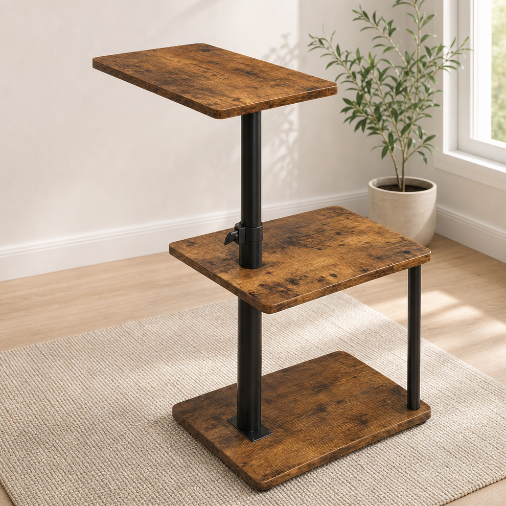 Walnut-finish C-shaped 3-tier end table angled front view showing the swivel top and metal posts