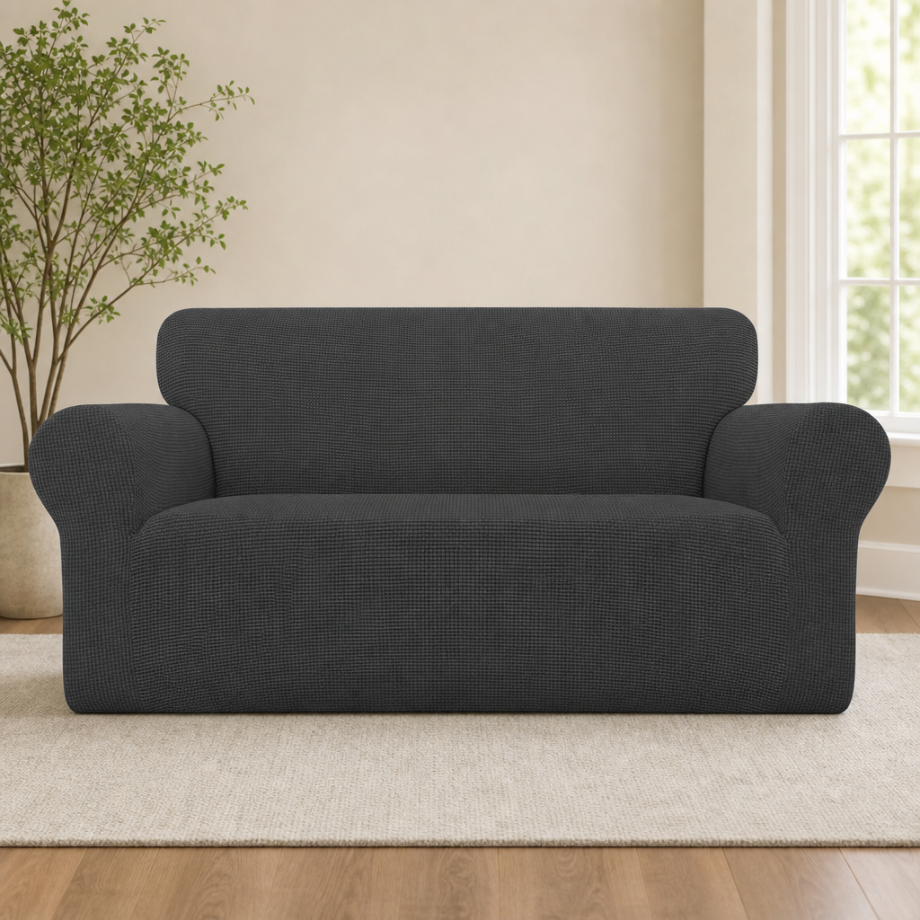 Dark gray jacquard one-piece sofa slipcover front view on a loveseat in a neutral living room