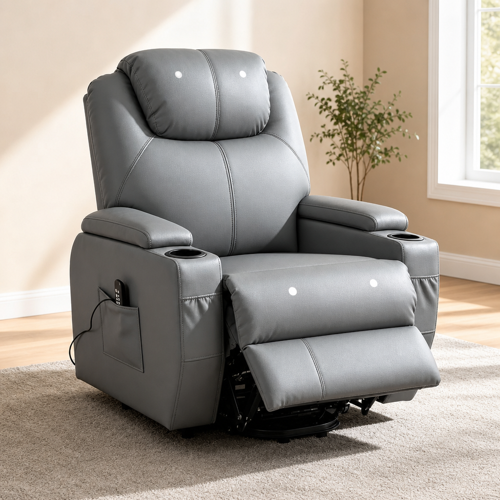 Grey PU leather power lift recliner angled front view with footrest extended and remote in side pocket