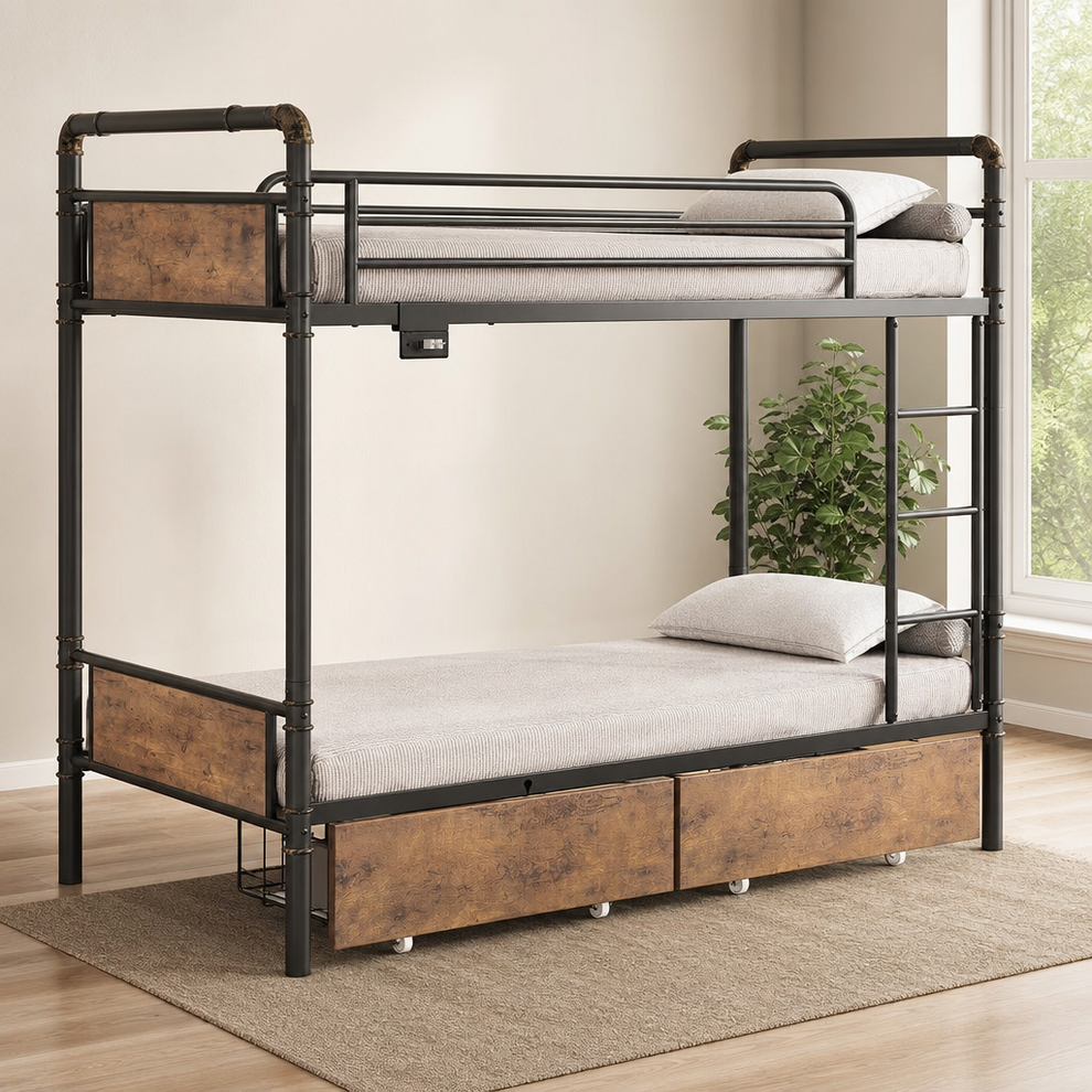 LED Twin-Over-Twin Metal Bunk Bed with 2 Drawers & Type-C Charging, Vintage Brown centered in a warm neutral furnished room