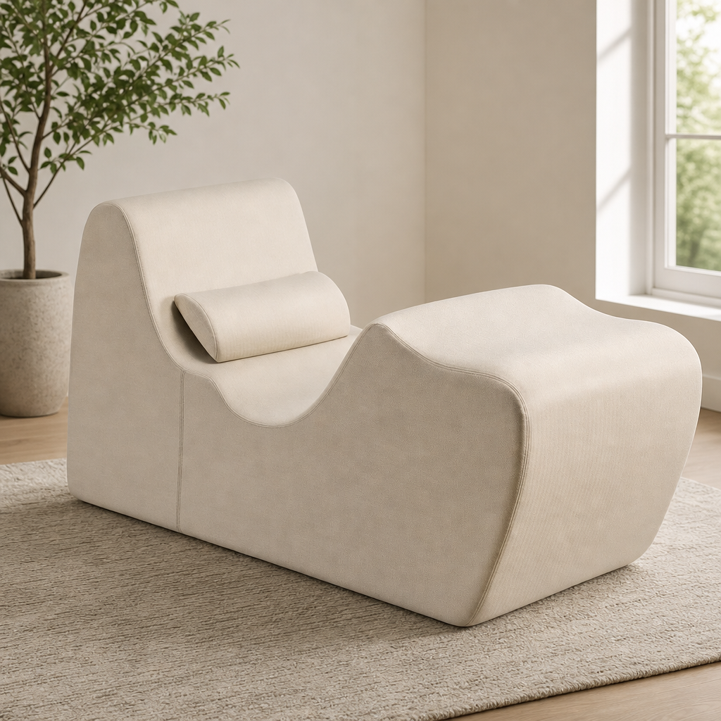 Oatmeal zero-gravity chaise lounger angled front-left view on a textured rug in a bright living room