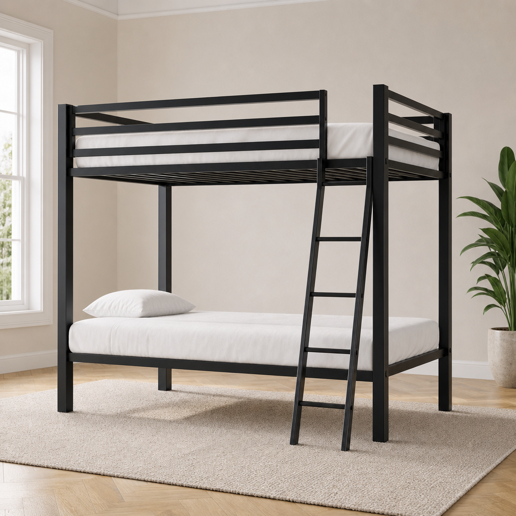 Twin Over Twin Bed with Ladder & Guardrail, Metal Frame, Storage Drawers centered in a warm neutral furnished room