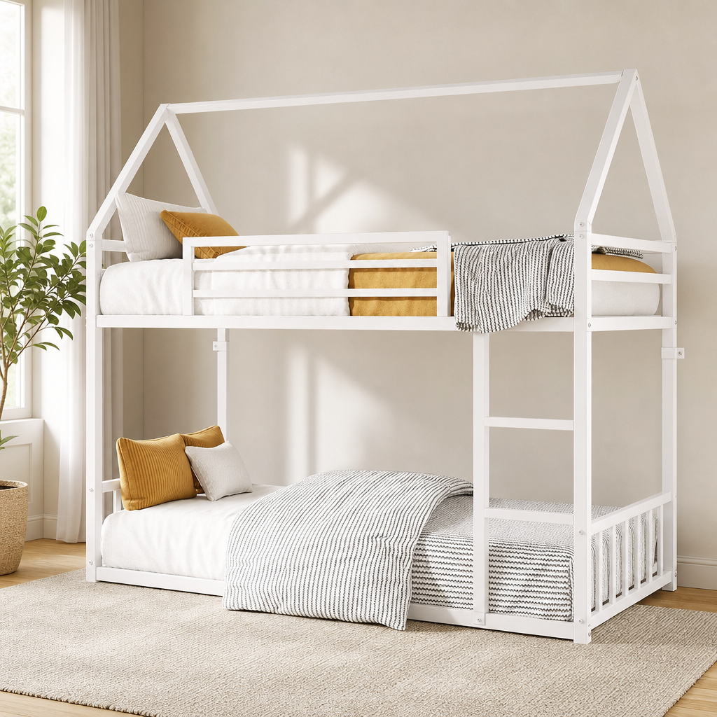 Twin-Over-Twin House Bunk Bed with Ladder and Guardrail, Metal Frame centered in a warm neutral furnished room