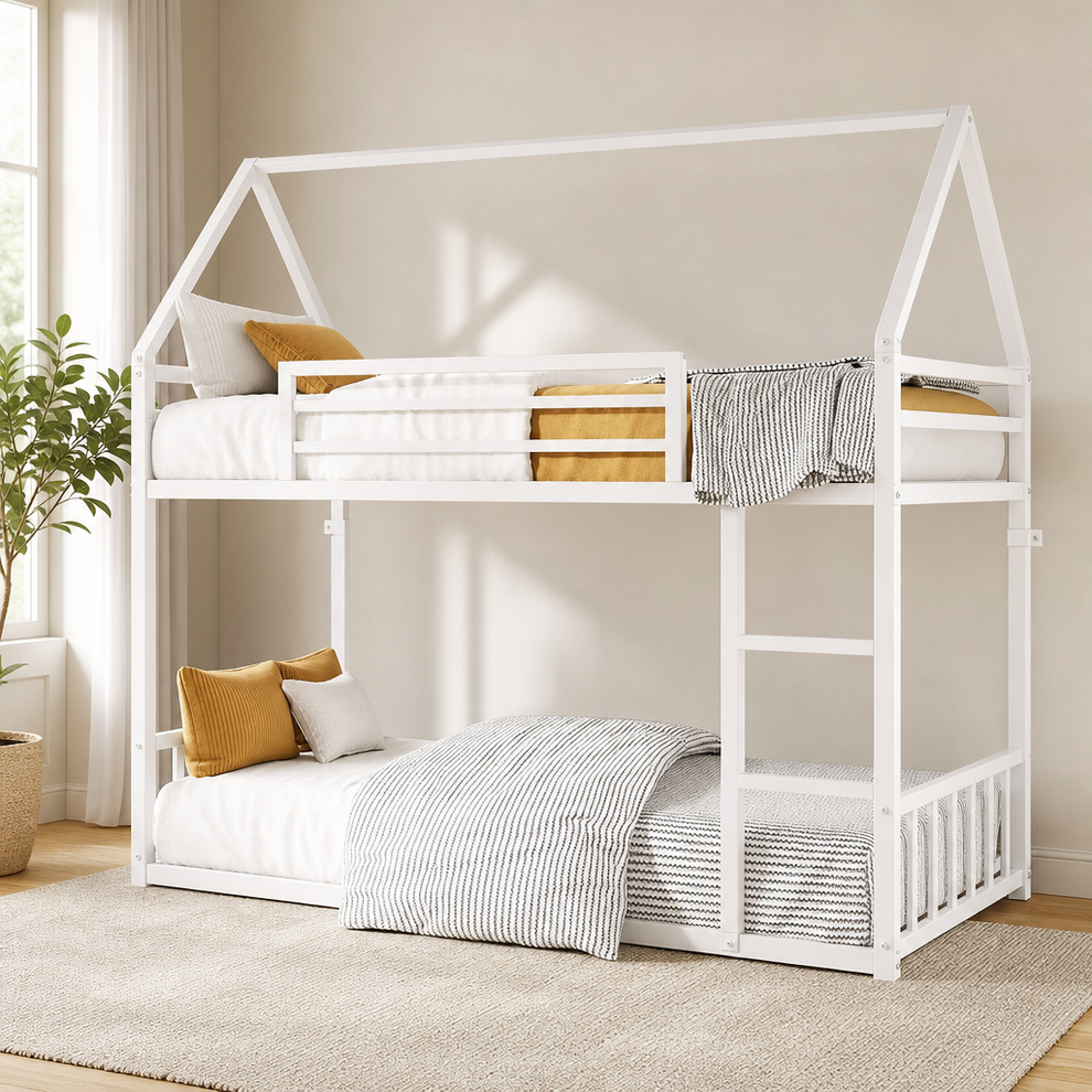 Twin-Over-Twin House Bunk Bed with Ladder and Guardrail, Metal Frame centered in a warm neutral furnished room