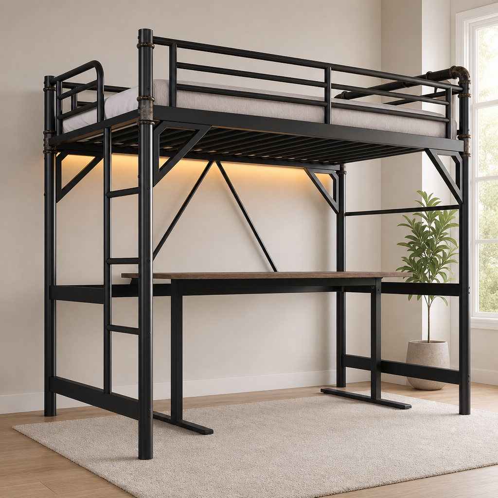 Twin Loft Bed with RGB LED Lights & Charging Station — Metal Frame centered in a warm neutral furnished room